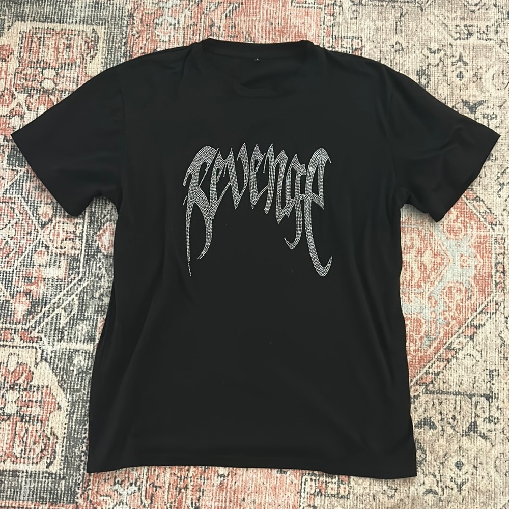 All black “Revenge” SHEIN tee with rhinestones